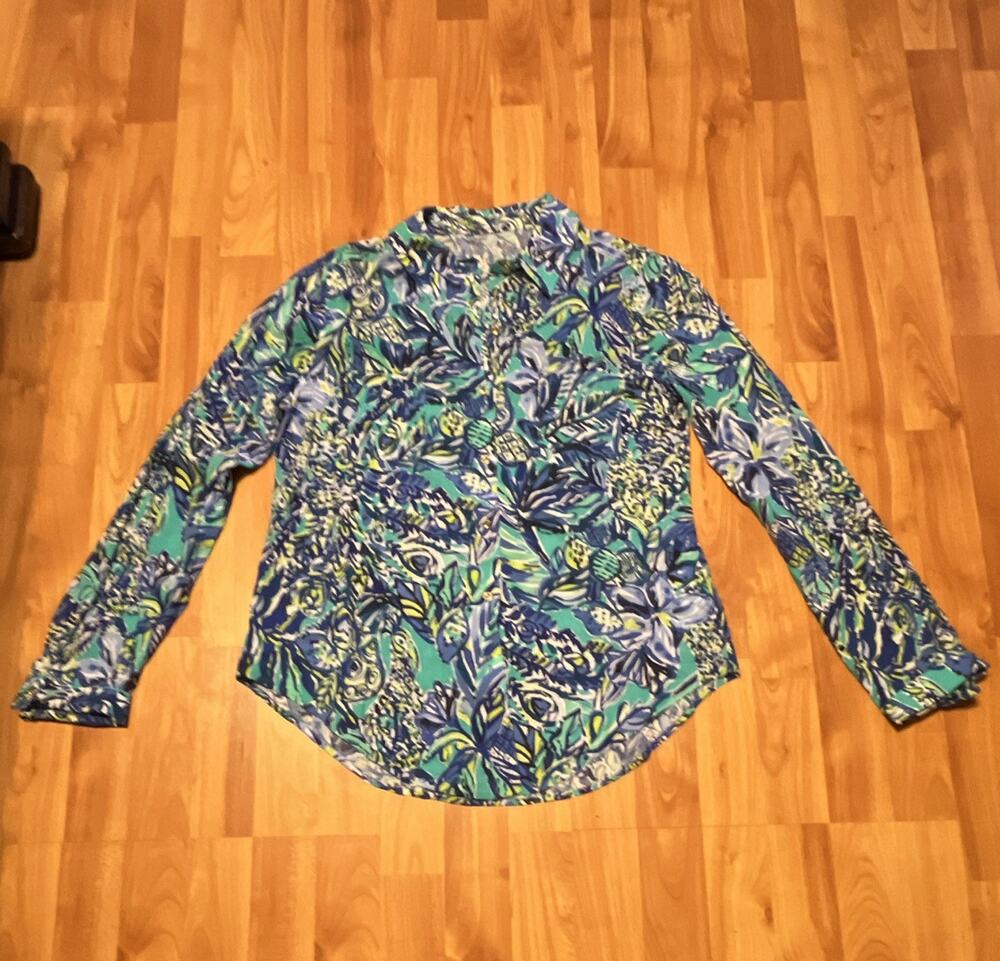 Lilly Pulitzer Women's S Blouse Blue/Green/White Floral Button-Up Collared Rayon